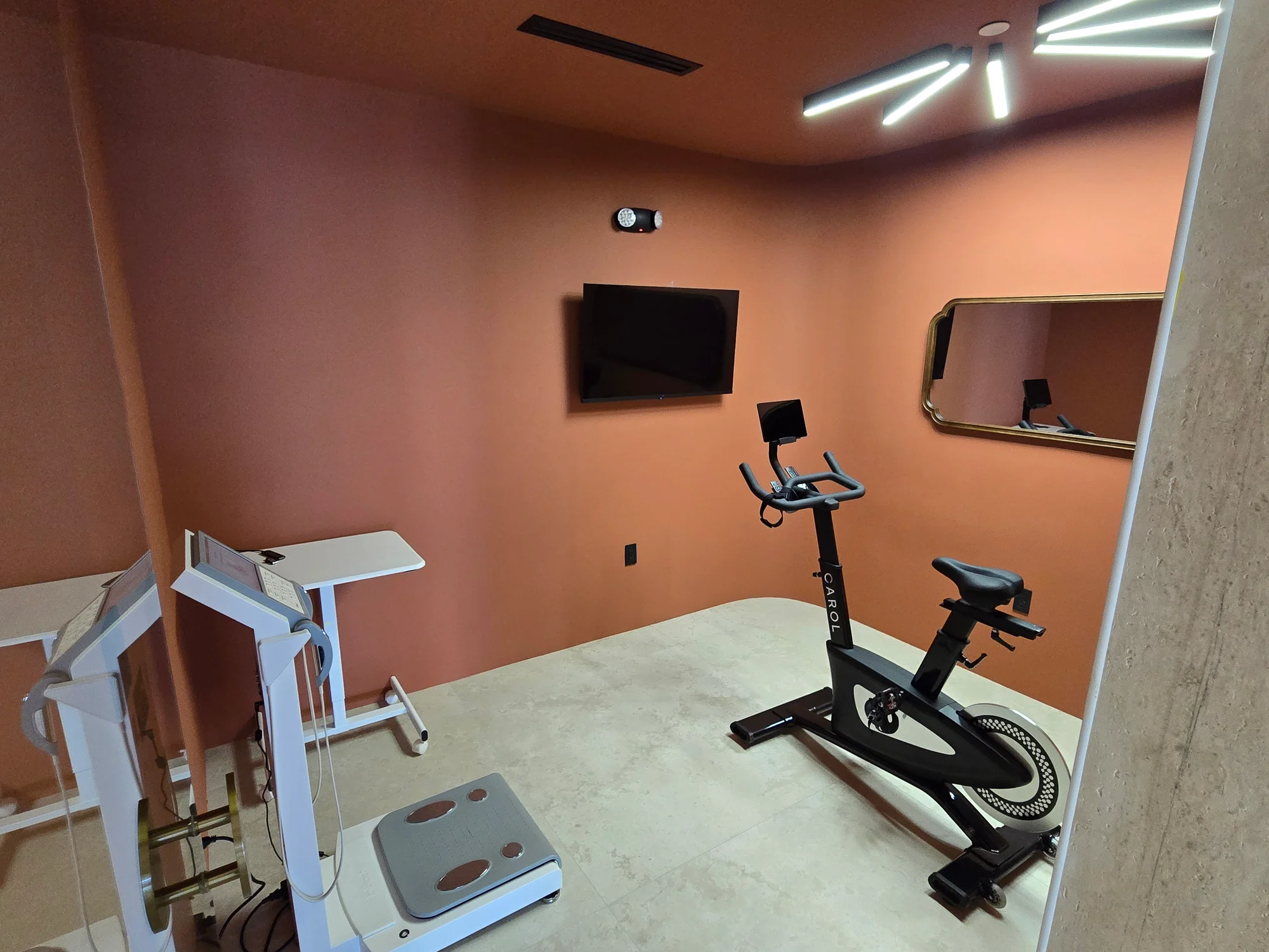 An exercise bike and a standing measurement platform in a room with warm terracotta walls.